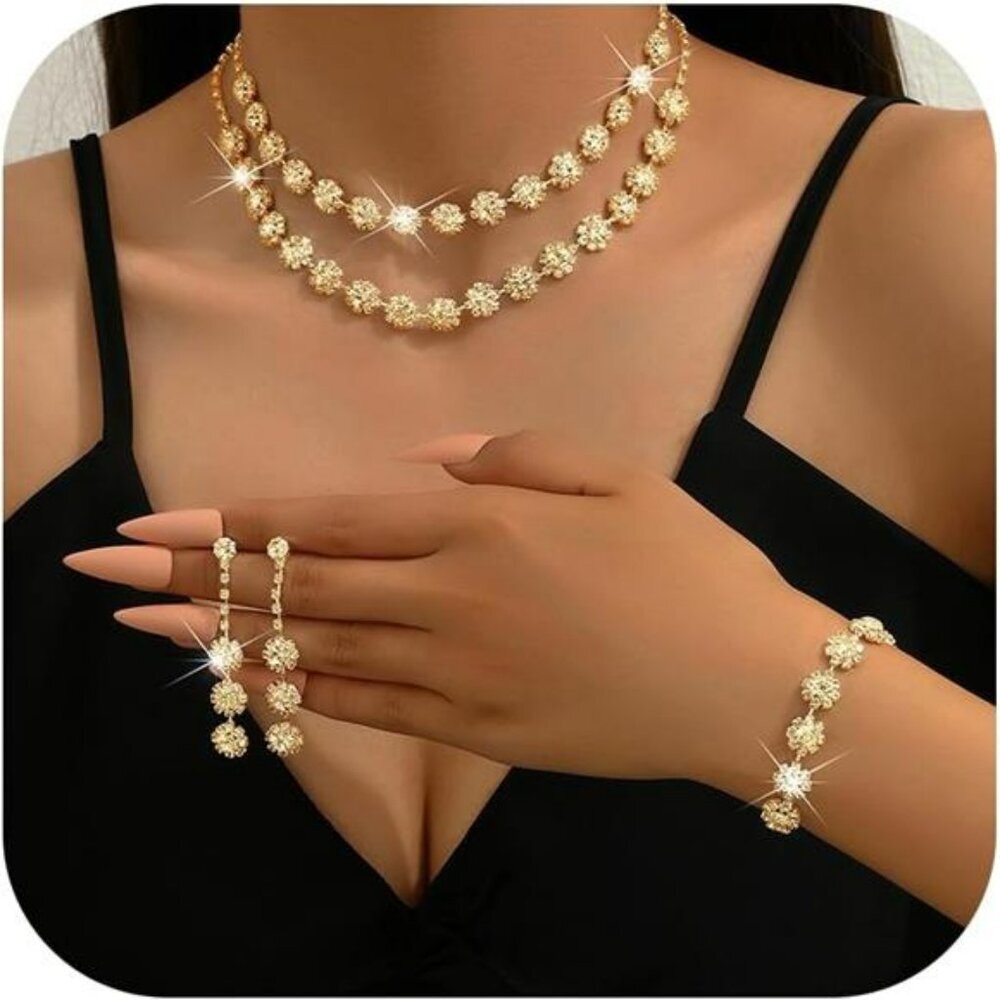 Silver Wedding Jewelry Set Rhinestone Necklace Earrings Bracelet Bridal Prom